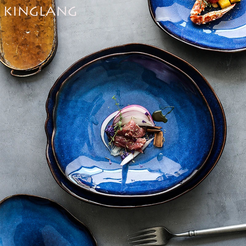 KINGLANG 1/2/4 Pcs Nordic Ceramic Food Dish Plate Household Pottery Irregular Dish Salad Platter Dish Dinnerware