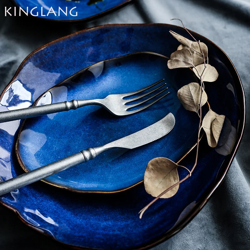 KINGLANG 1/2/4 Pcs Nordic Ceramic Food Dish Plate Household Pottery Irregular Dish Salad Platter Dish Dinnerware