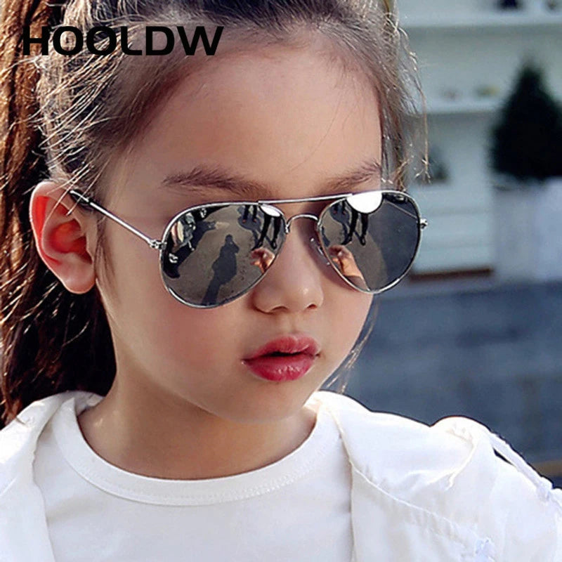 HOOLDW Classic Kids Sunglasses Piolt Style Boys Girl Sun Glasses Brand Design Metal Frame Colorful Mirror Children Glasses UV400