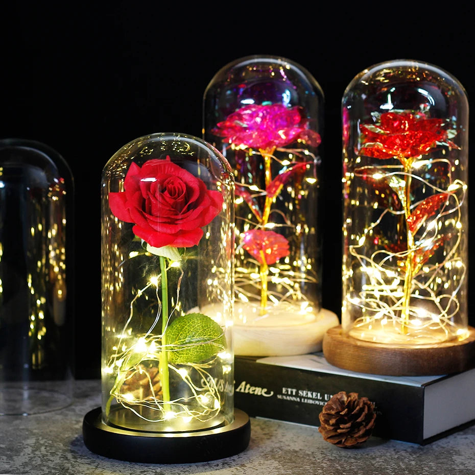 Beauty And The Beast Mother's Day Rose LED Enchanted Rose Eternal Flower Lights In Dome For Christmas Valentine's Day Gift