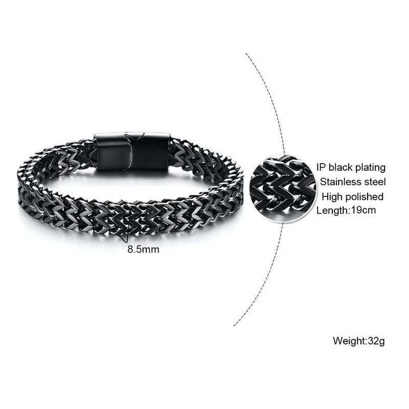VNOX Stylish Mens Double Wheat Chain Bracelet 8.5MM Stainless Steel Black Color Punk pulseira masculina 19/21cm