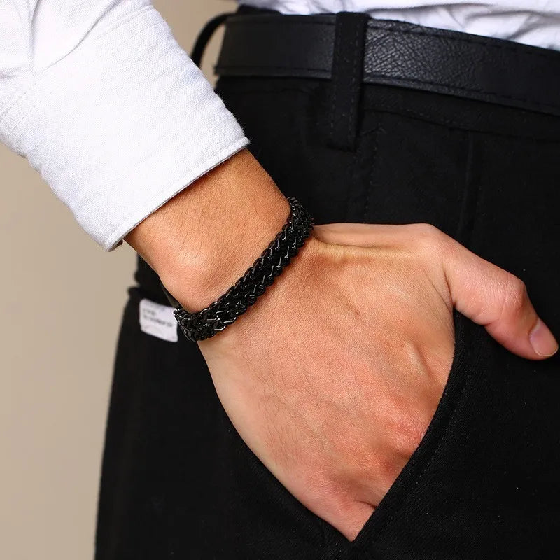 VNOX Stylish Mens Double Wheat Chain Bracelet 8.5MM Stainless Steel Black Color Punk pulseira masculina 19/21cm