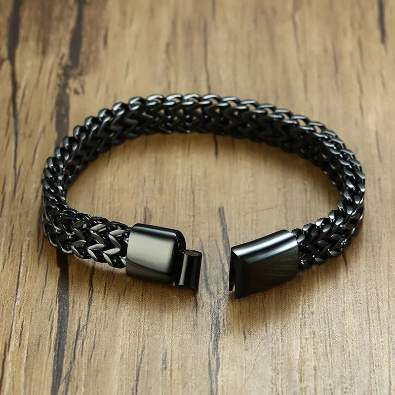 VNOX Stylish Mens Double Wheat Chain Bracelet 8.5MM Stainless Steel Black Color Punk pulseira masculina 19/21cm