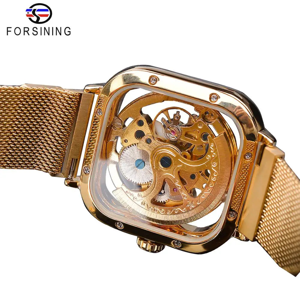 Forsining Men Mechanical Watches Automatic Self-Wind Golden Transparent Fashion Mesh Steel Wristwatch Skeleton Man Male Hot Hour