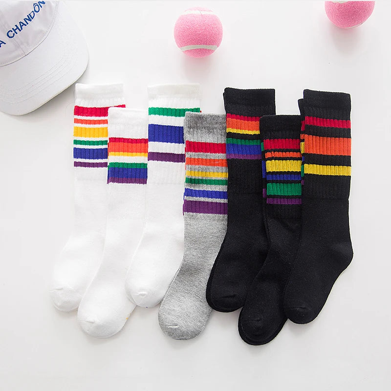 Child boy football socks striped colored rainbow knee socks cotton school white long sock for kids girls baby boy children 1-10T