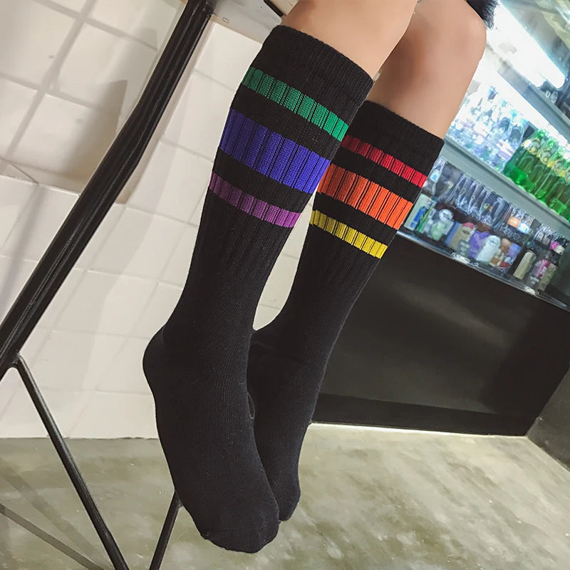 Child boy football socks striped colored rainbow knee socks cotton school white long sock for kids girls baby boy children 1-10T