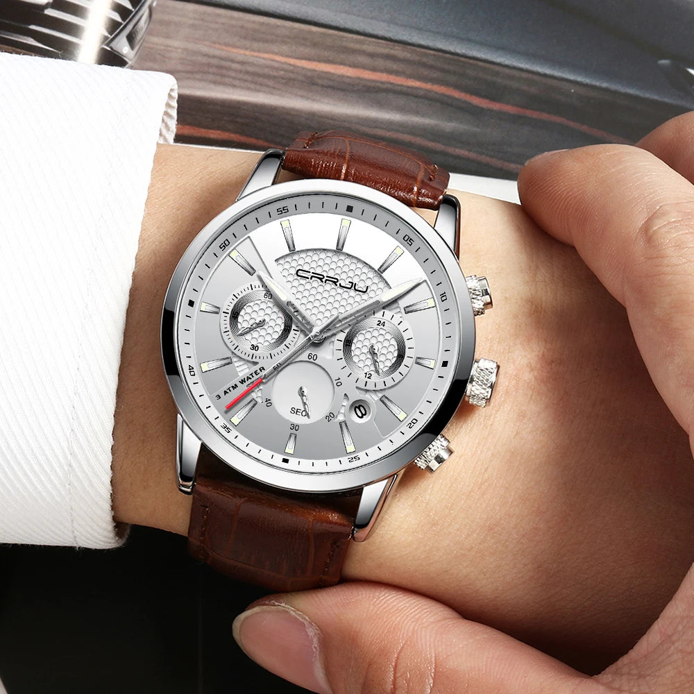 Watches Mens 2021 CRRJU Casual Leather Quartz Men's Watch Top Brand Luxury Business Clock Male Sport Waterproof Date Chronograph