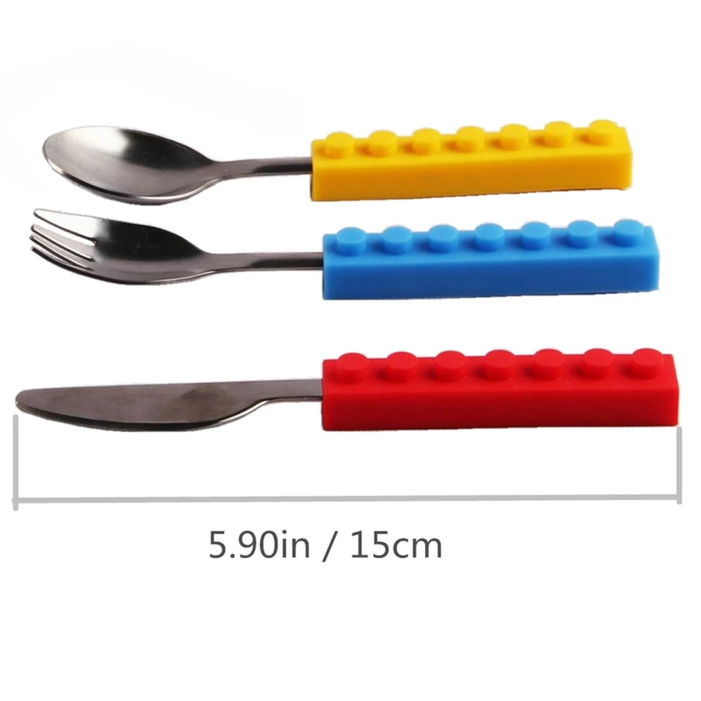 3PCS Creative bricks silicone stainless steel Portable Travel Kids Adult Cutlery Fork Picnic Set Gift for CHild Dinnerware