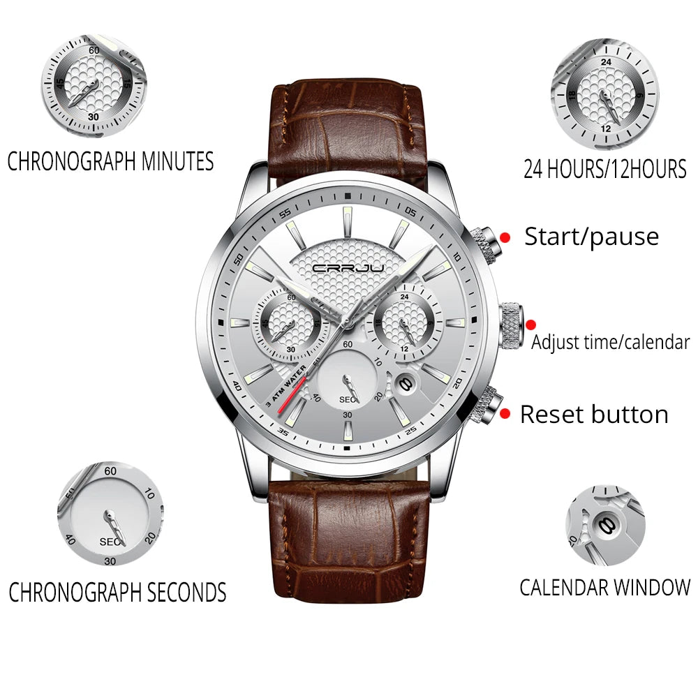 Watches Mens 2021 CRRJU Casual Leather Quartz Men's Watch Top Brand Luxury Business Clock Male Sport Waterproof Date Chronograph