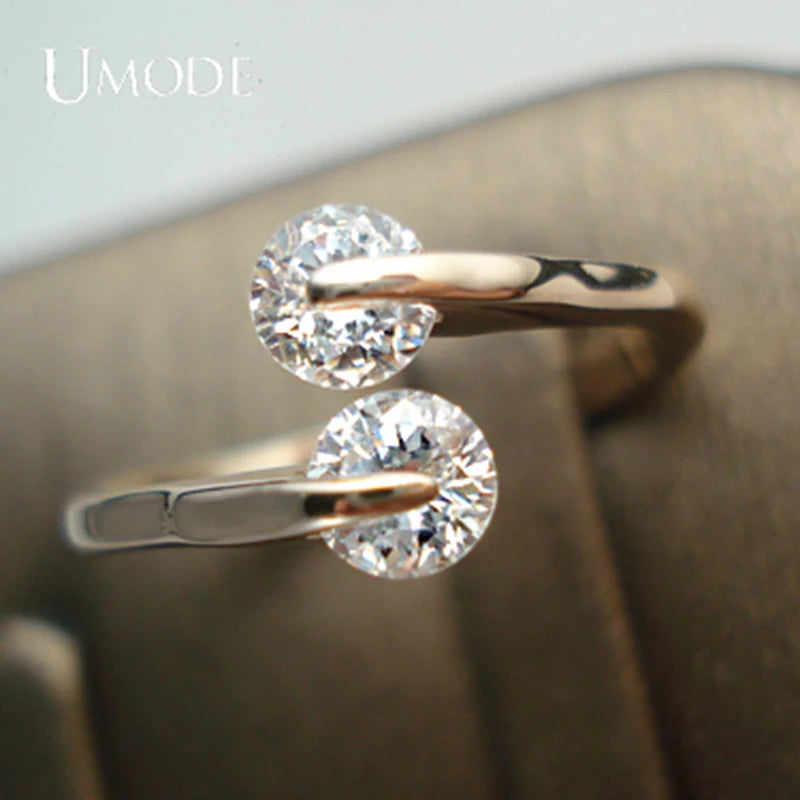 UMODE Rose Gold Color Fashion Design Twin Zircon CZ Cubic Zirconia Engagement Rings for Woman JR0013A