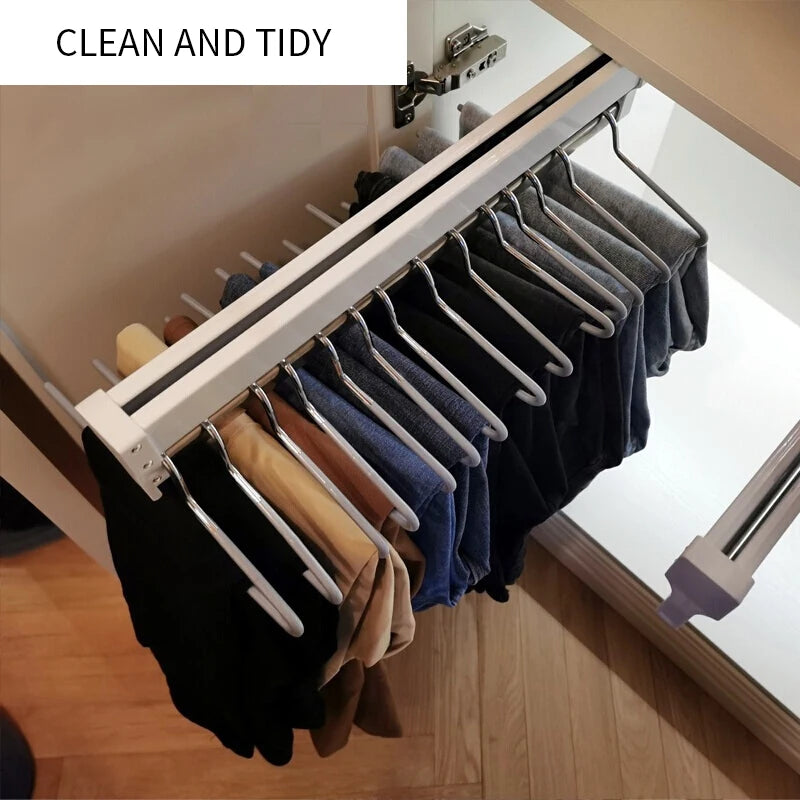 Pull-Out Closet Valet Rod Adjustable Wardrobe Clothing Rail Top Mount Wardrobe Hanger Rack Bar Ball Bearing Slide Heavy Duty
