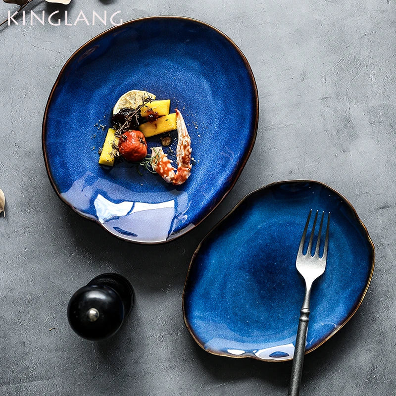 KINGLANG 1/2/4 Pcs Nordic Ceramic Food Dish Plate Household Pottery Irregular Dish Salad Platter Dish Dinnerware