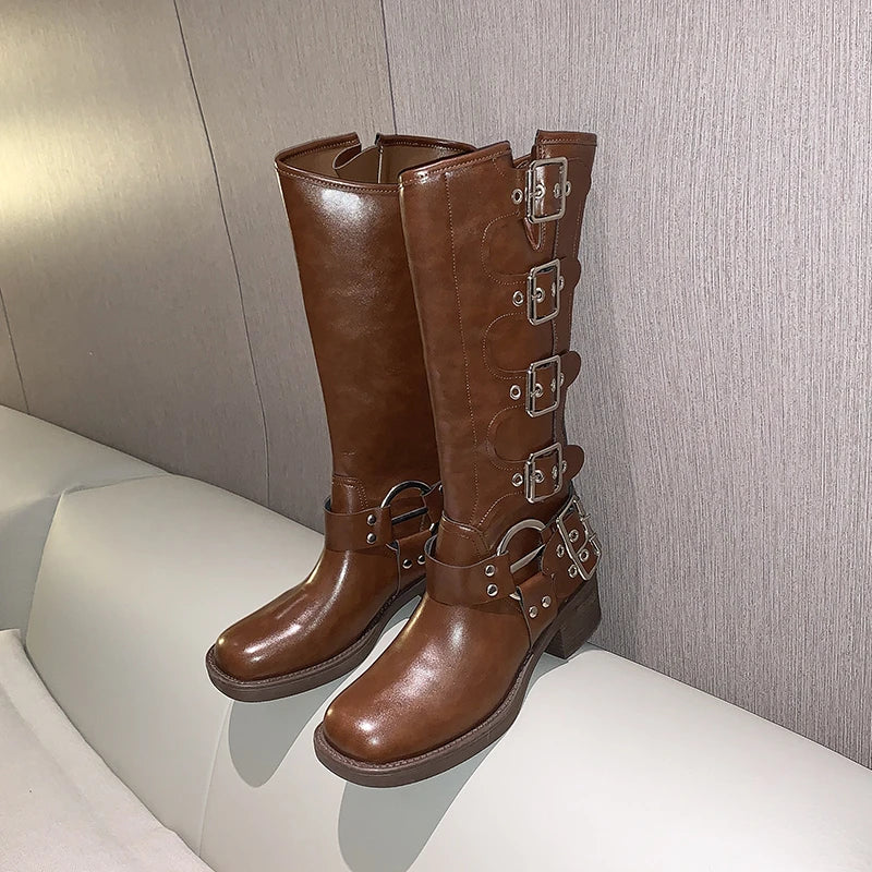 Woman Boots Knee High Platfrom Studded Spring Summer Knight Combat Gothic Elegant Medium Heel Women's Shoes Motorcycle Footwear