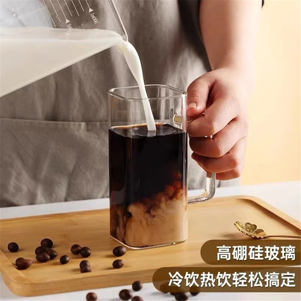 400ml Heat Resistant Square Glass Cup with Lid and Straw Transparent Juice Glass Beer Milk Cups Breakfast Mug Drinkware