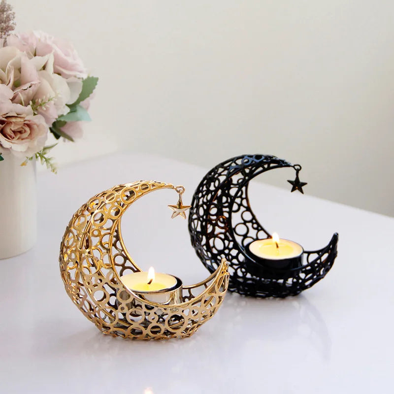 Eid Mubarak Moon Star Candle Holders 2023 Ramadan Metal Candlestick Ornaments for Table Ramadan Kareem Home Decoration Eid Gifts