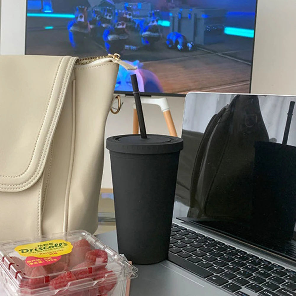 Candy Color Double-layer Plastic Straw Cup Coffee Cup Plastic Frosted Handy Water Cup Easy To Carry Straw Kettle Sports Bottle