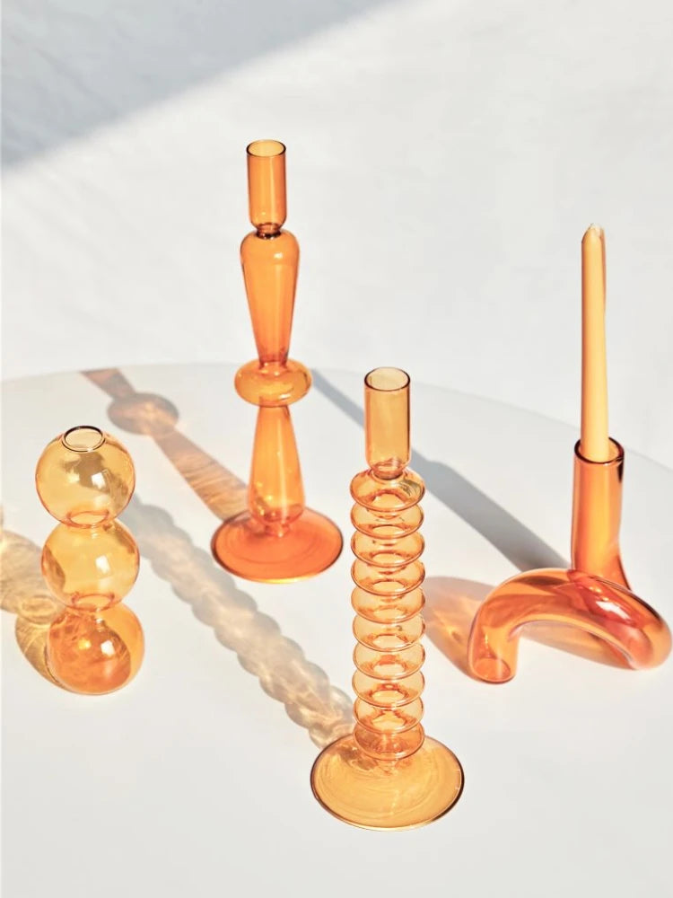 Nordic Retro Orange Glass Candleholder Creative Home Decor Wedding Party Dinner Candlelight Decoration Living Room
