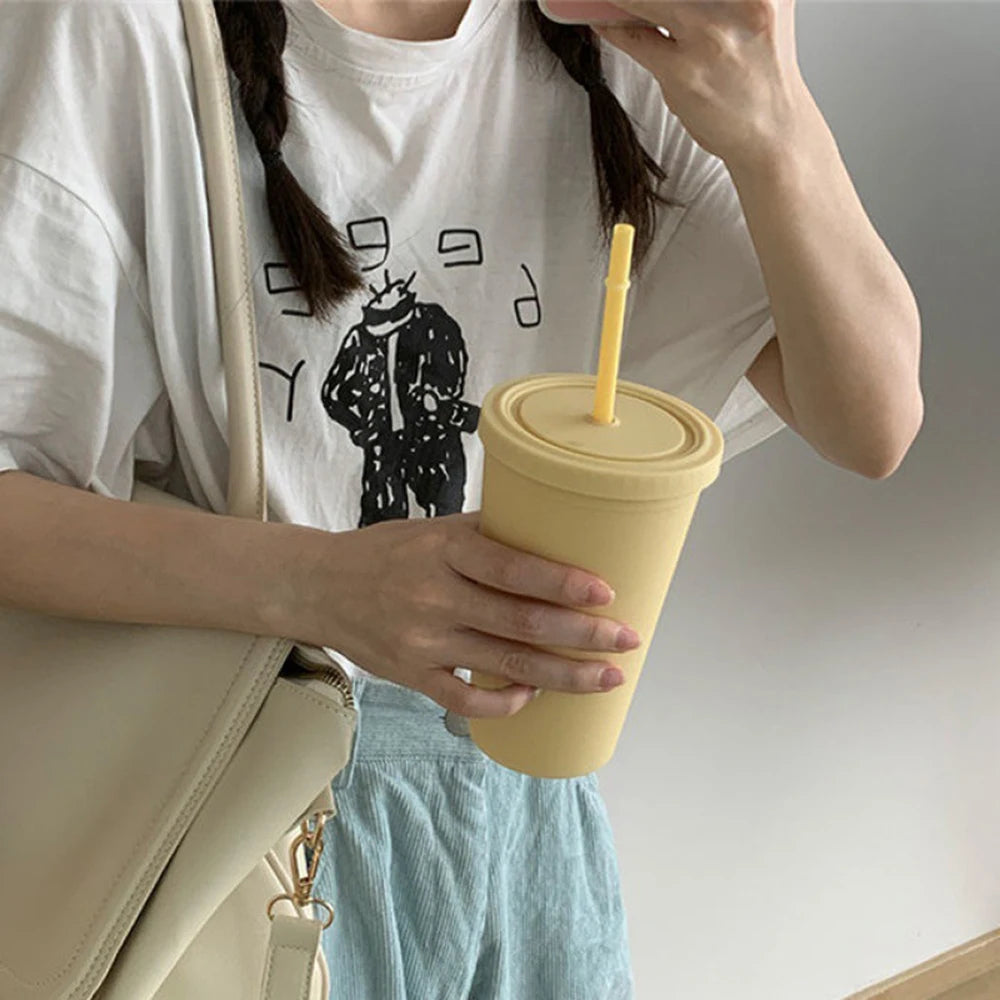 Candy Color Double-layer Plastic Straw Cup Coffee Cup Plastic Frosted Handy Water Cup Easy To Carry Straw Kettle Sports Bottle