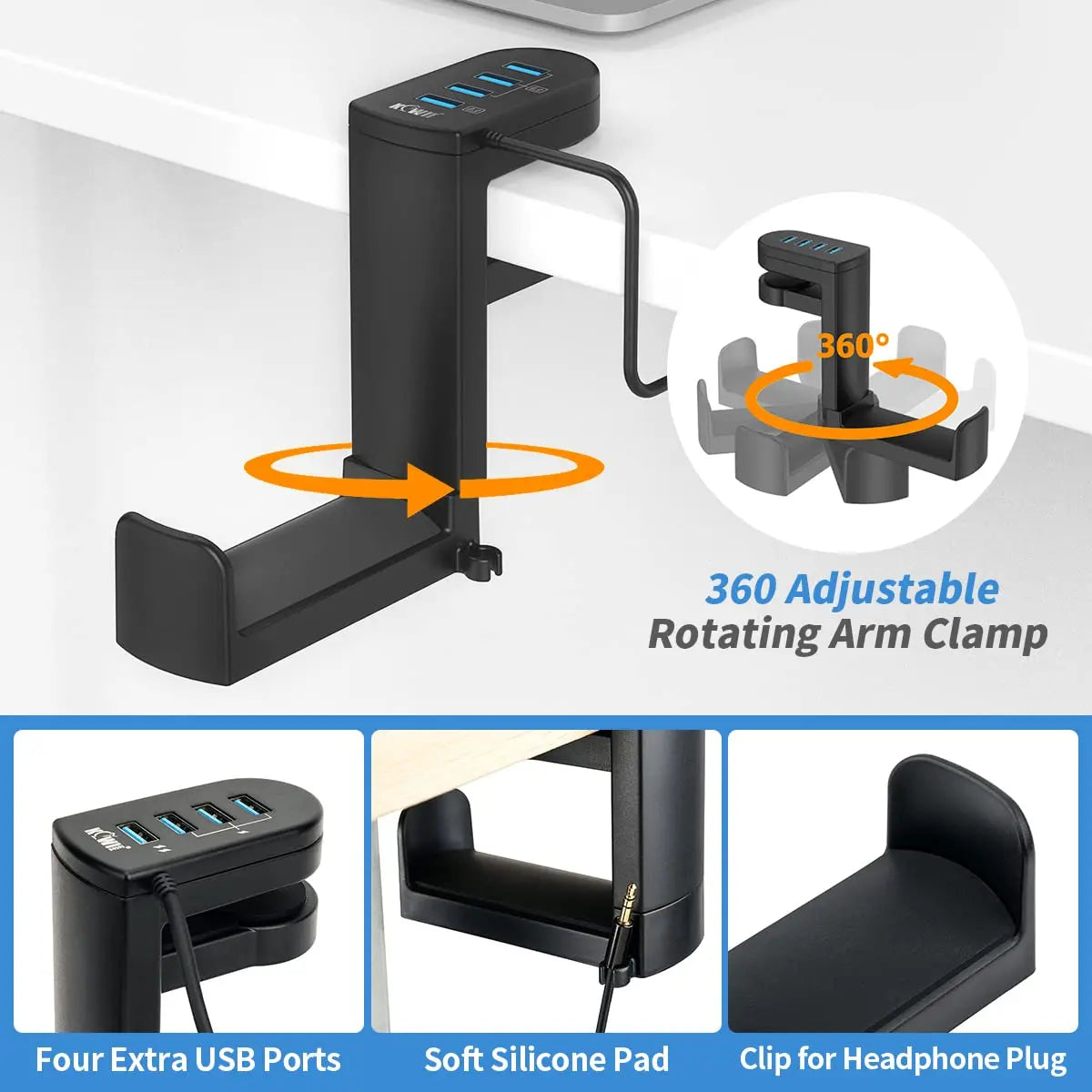 Headphone Bracket Swivel Mounted PC Gaming Headset Stand Holder Under Desk Hanger Hook Earphones Display Stand With USB Ports