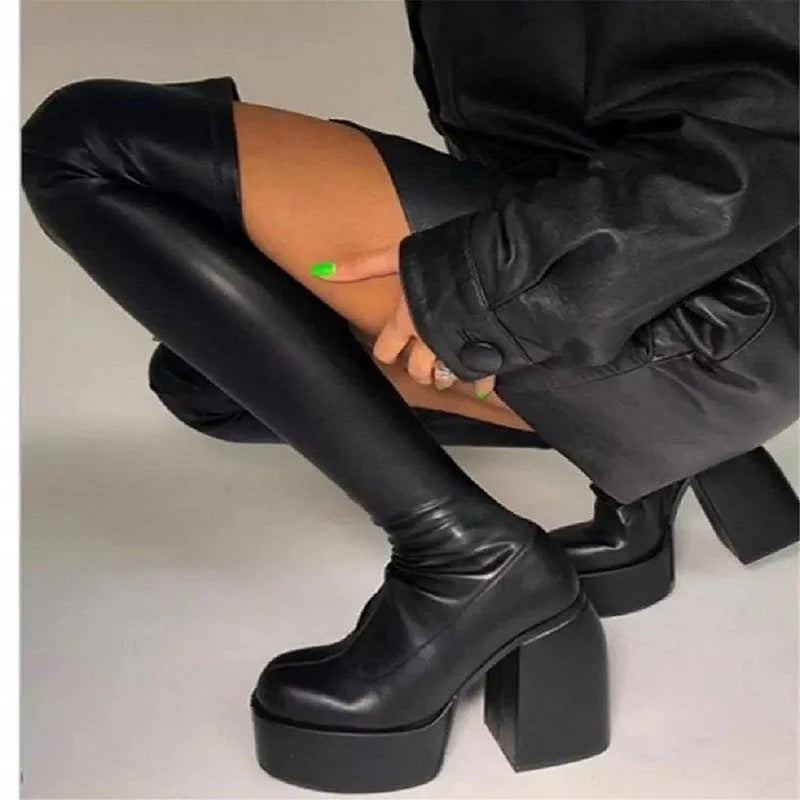 Boots For Woman Knee Shoes On Platform Gothic High Heels Punk Style New Rock Autumn Winter Chunky Pumps Plus Size Women Clothing