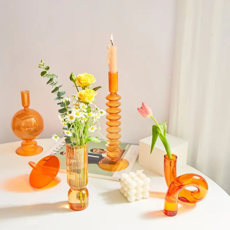 Nordic Retro Orange Glass Candleholder Creative Home Decor Wedding Party Dinner Candlelight Decoration Living Room