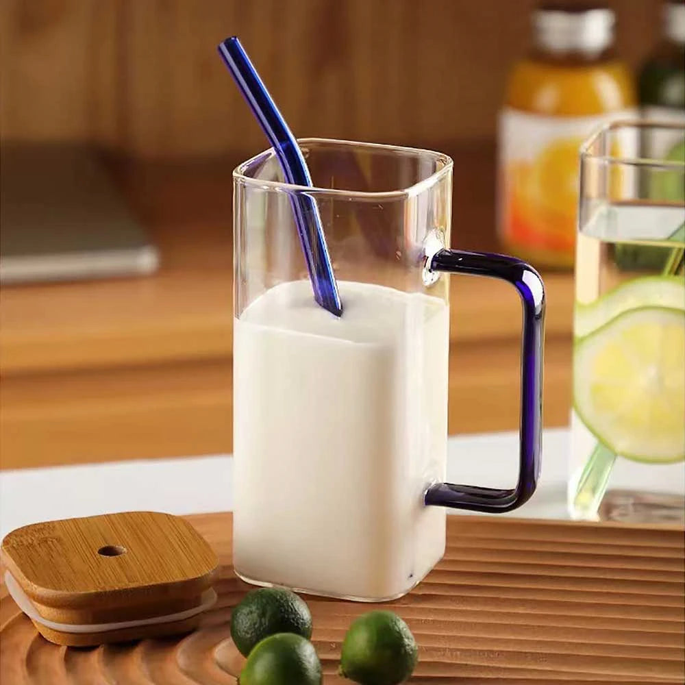 400ml Heat Resistant Square Glass Cup with Lid and Straw Transparent Juice Glass Beer Milk Cups Breakfast Mug Drinkware