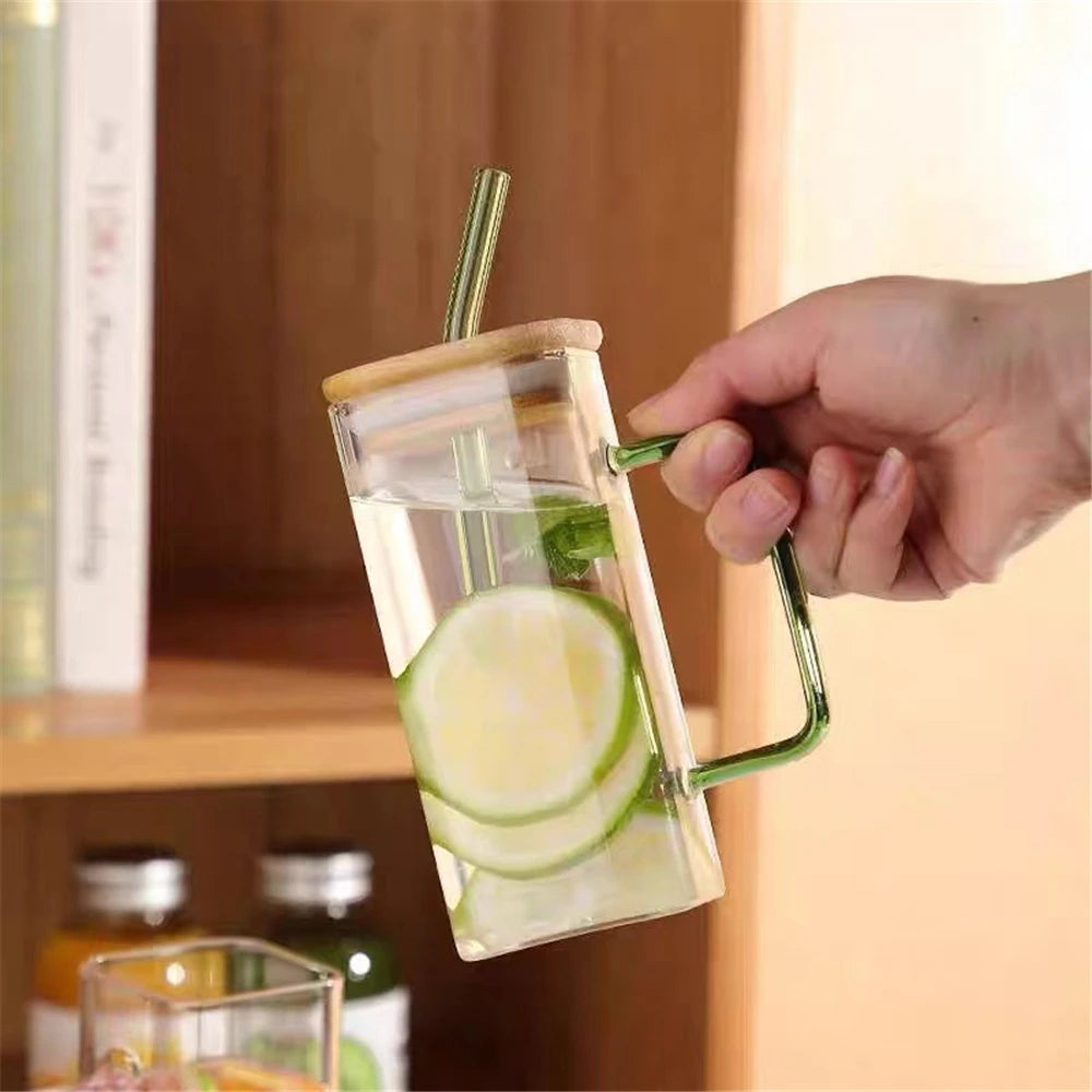 400ml Heat Resistant Square Glass Cup with Lid and Straw Transparent Juice Glass Beer Milk Cups Breakfast Mug Drinkware