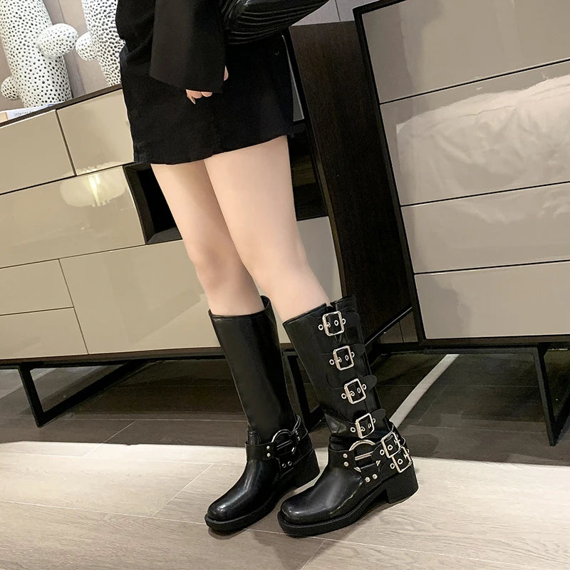 Woman Boots Knee High Platfrom Studded Spring Summer Knight Combat Gothic Elegant Medium Heel Women's Shoes Motorcycle Footwear