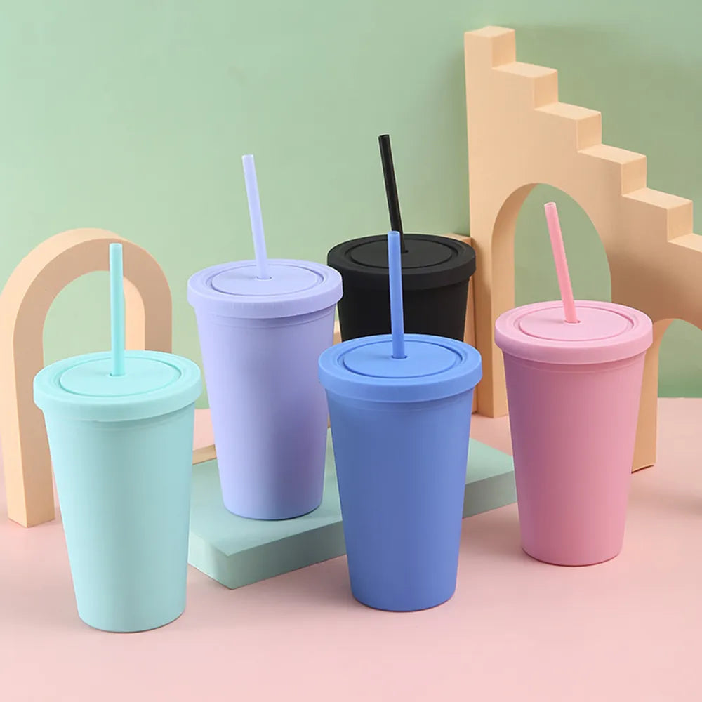 Candy Color Double-layer Plastic Straw Cup Coffee Cup Plastic Frosted Handy Water Cup Easy To Carry Straw Kettle Sports Bottle