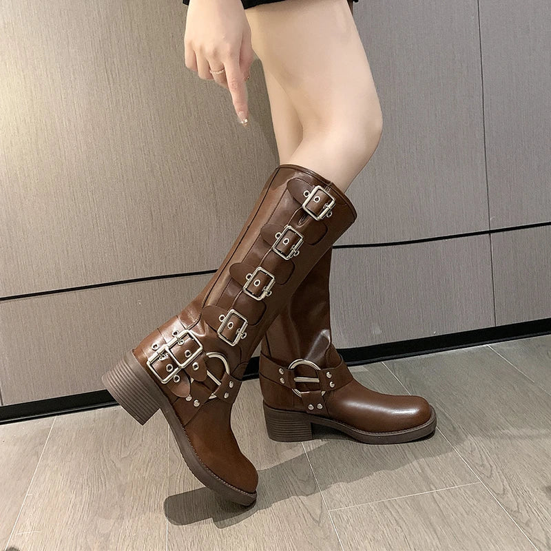 Woman Boots Knee High Platfrom Studded Spring Summer Knight Combat Gothic Elegant Medium Heel Women's Shoes Motorcycle Footwear
