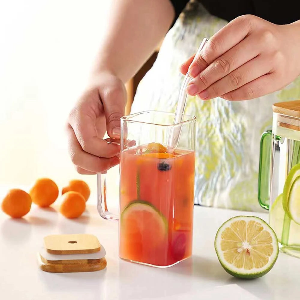 400ml Heat Resistant Square Glass Cup with Lid and Straw Transparent Juice Glass Beer Milk Cups Breakfast Mug Drinkware