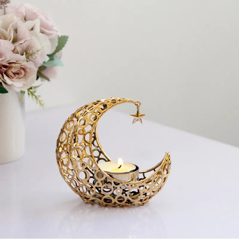 Eid Mubarak Moon Star Candle Holders 2023 Ramadan Metal Candlestick Ornaments for Table Ramadan Kareem Home Decoration Eid Gifts