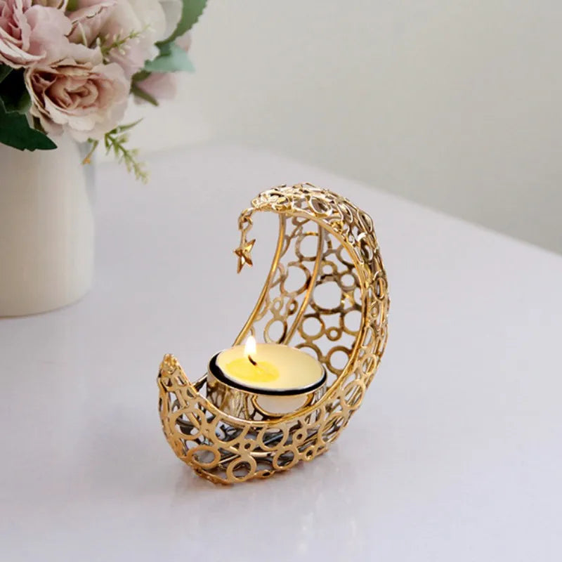 Eid Mubarak Moon Star Candle Holders 2023 Ramadan Metal Candlestick Ornaments for Table Ramadan Kareem Home Decoration Eid Gifts