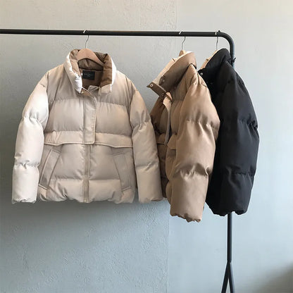 2022 Women's Winter Jacket Streetwear Polyester Zipper Straight 3 Solid Color Padded Coat Warm Femme Parkas Black Women Clothing