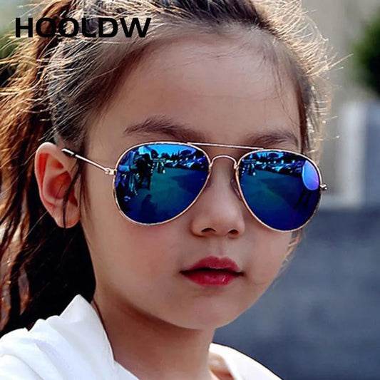 HOOLDW Classic Kids Sunglasses Piolt Style Boys Girl Sun Glasses Brand Design Metal Frame Colorful Mirror Children Glasses UV400