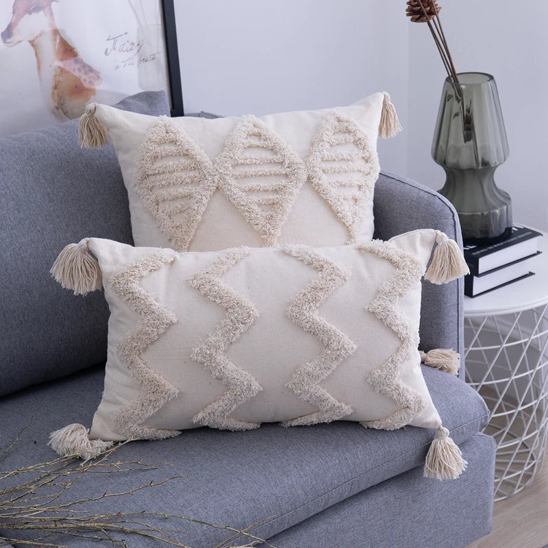 Tassels Cushion Cover 45x 45cm/30x50cm Beige Pillow Cover  Handmade Square Home Decoration for living Room Bed Room Zip Open