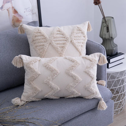 Tassels Cushion Cover 45x 45cm/30x50cm Beige Pillow Cover  Handmade Square Home Decoration for living Room Bed Room Zip Open