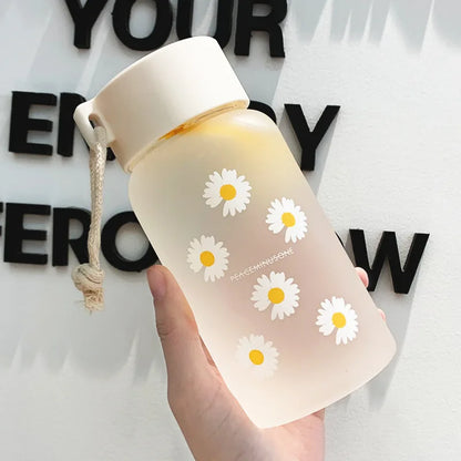480ml Small Daisy Transparent Plastic Water Bottles BPA Free Creative Frosted Water Bottle With Portable Rope Travel Tea Cup