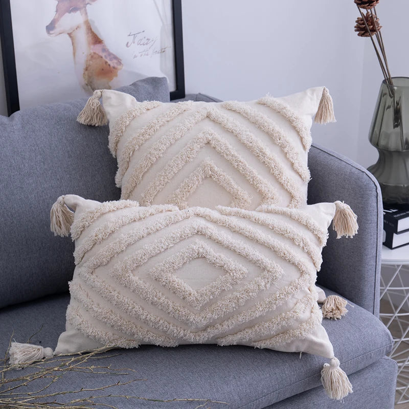 Tassels Cushion Cover 45x 45cm/30x50cm Beige Pillow Cover  Handmade Square Home Decoration for living Room Bed Room Zip Open