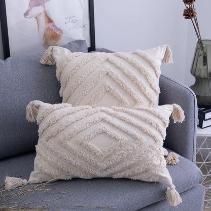 Tassels Cushion Cover 45x 45cm/30x50cm Beige Pillow Cover  Handmade Square Home Decoration for living Room Bed Room Zip Open