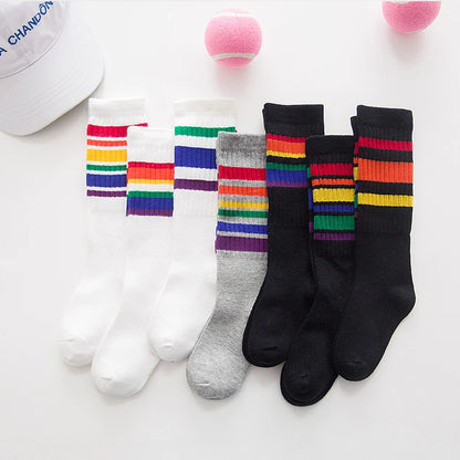 Child boy football socks striped colored rainbow knee socks cotton school white long sock for kids girls baby boy children 1-10T
