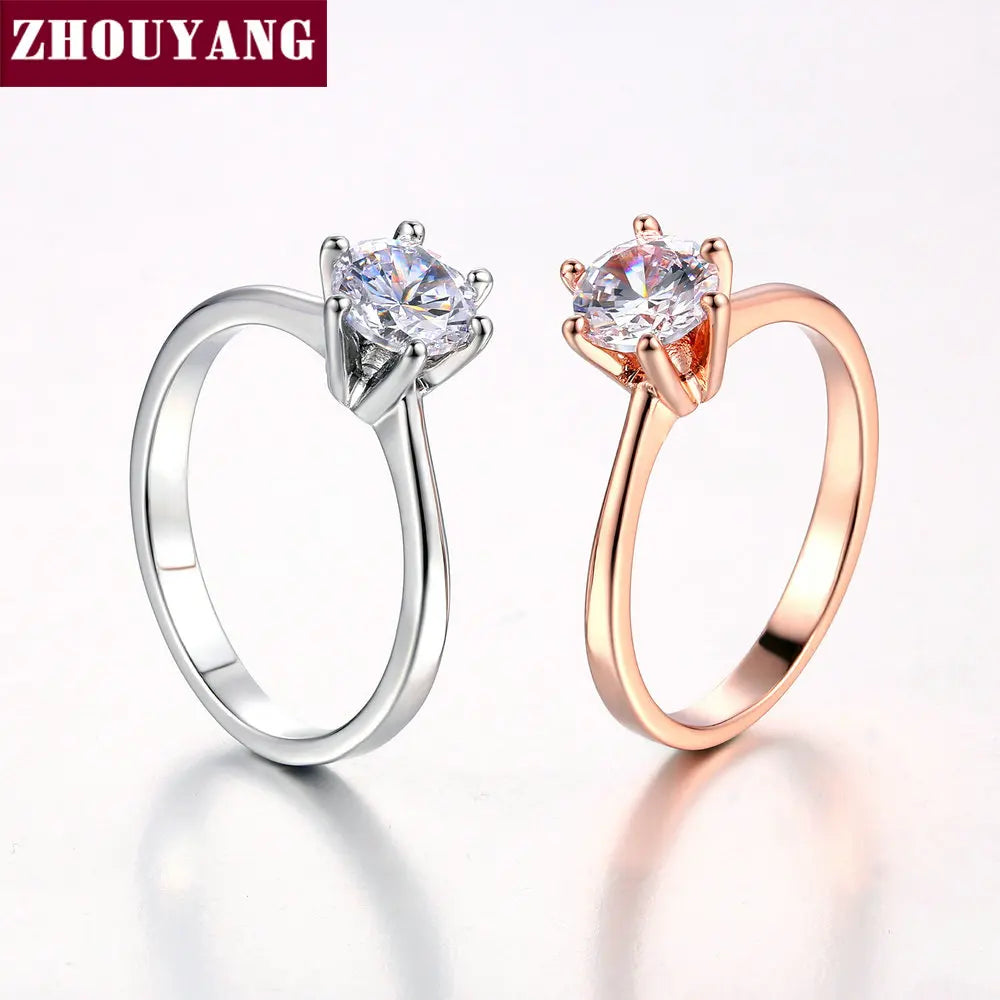 ZHOUYANG Wedding Ring For Women Rose Gold Color Six Claw Cubic Zirconia Round Cut 1 Carat 6mm Fashion Jewelry R013 R014