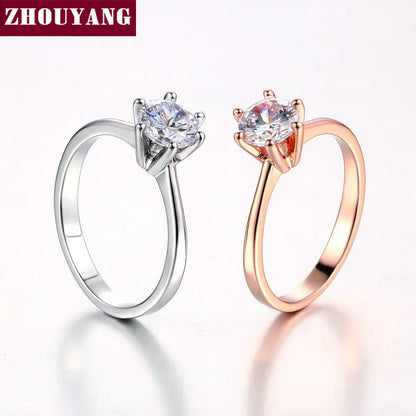 ZHOUYANG Wedding Ring For Women Rose Gold Color Six Claw Cubic Zirconia Round Cut 1 Carat 6mm Fashion Jewelry R013 R014