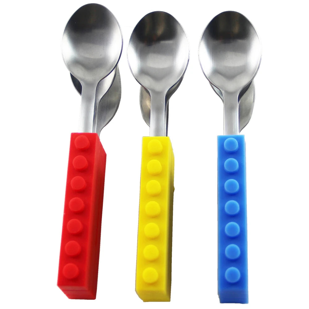 3PCS Creative bricks silicone stainless steel Portable Travel Kids Adult Cutlery Fork Picnic Set Gift for CHild Dinnerware