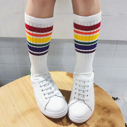 Child boy football socks striped colored rainbow knee socks cotton school white long sock for kids girls baby boy children 1-10T