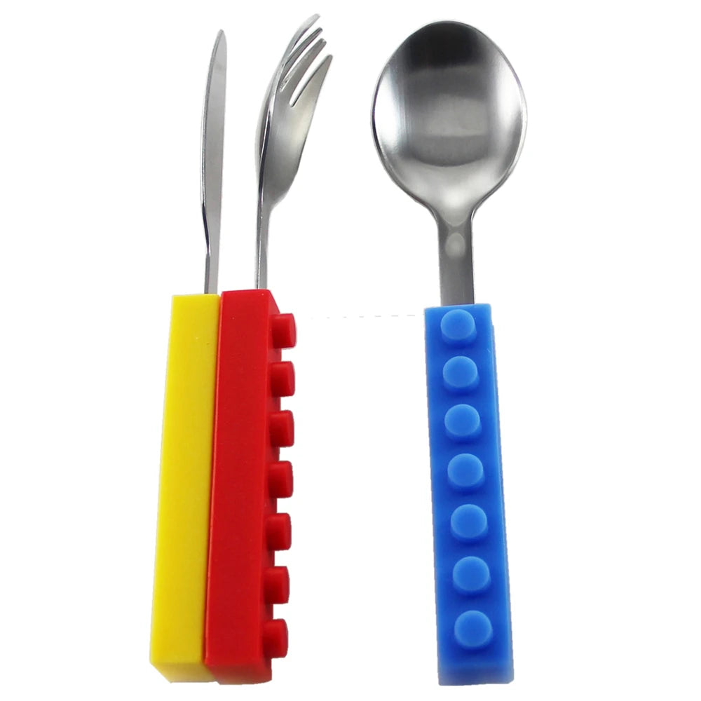 3PCS Creative bricks silicone stainless steel Portable Travel Kids Adult Cutlery Fork Picnic Set Gift for CHild Dinnerware