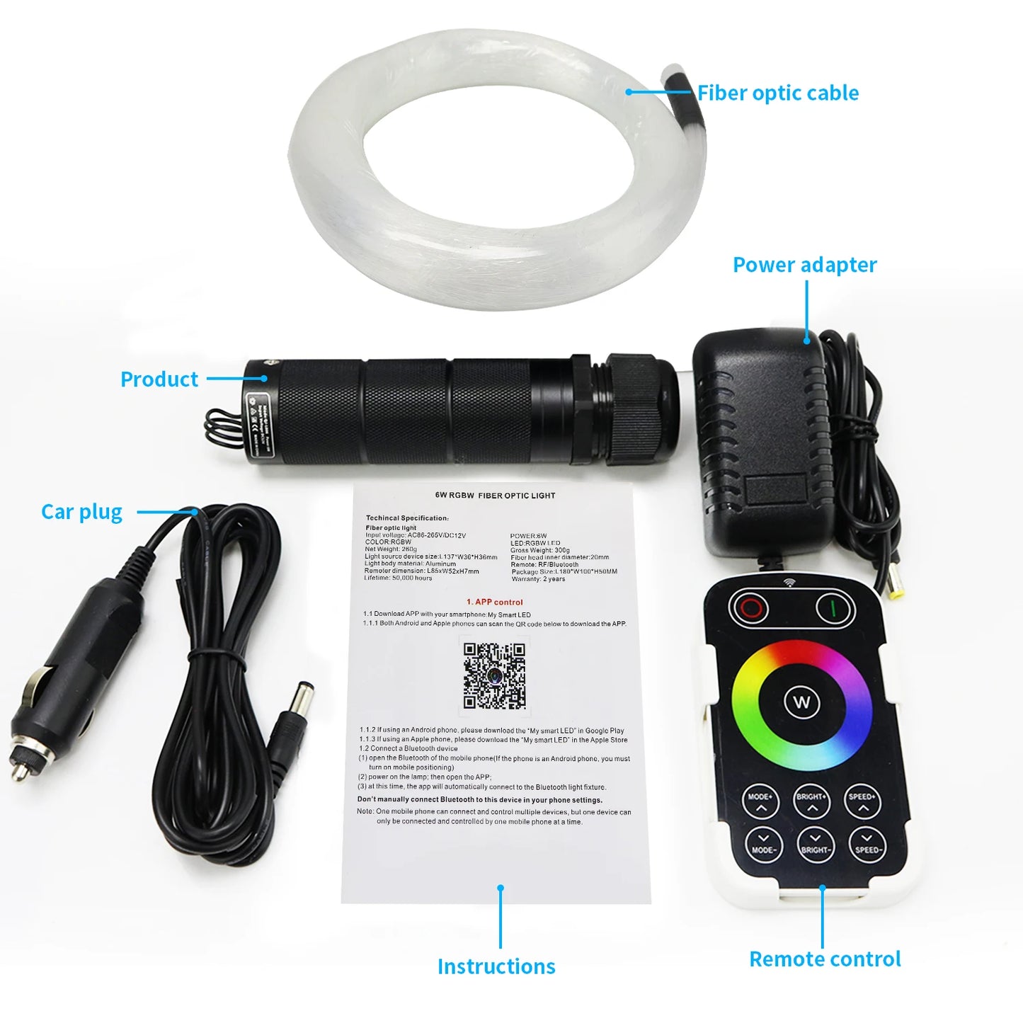 DC12V Car Roof Star Light 6W RGB Fiber Optic Star Ceiling Kit Bluetooth app Fiber Optic Light for Optical Fiber Starry Sky