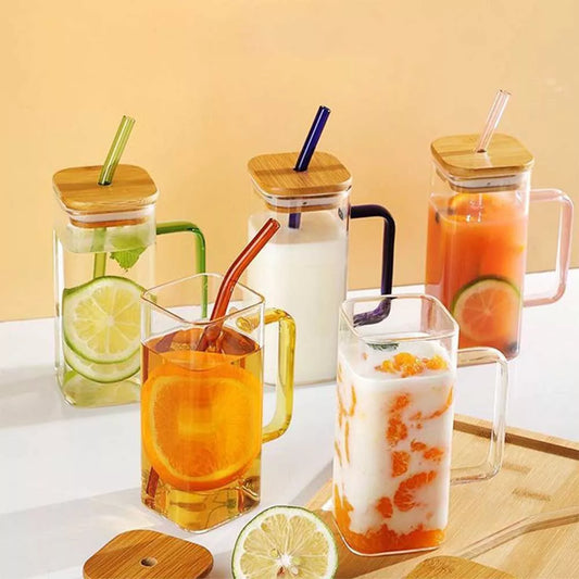 400ml Heat Resistant Square Glass Cup with Lid and Straw Transparent Juice Glass Beer Milk Cups Breakfast Mug Drinkware