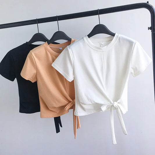 2023  Summer Fashion Y2K T-shirt Woman Korean Bandage Sexy Crop Top Women Short Sleeve Skinny  Kpop Tee Shirt Femme Solid Cloth
