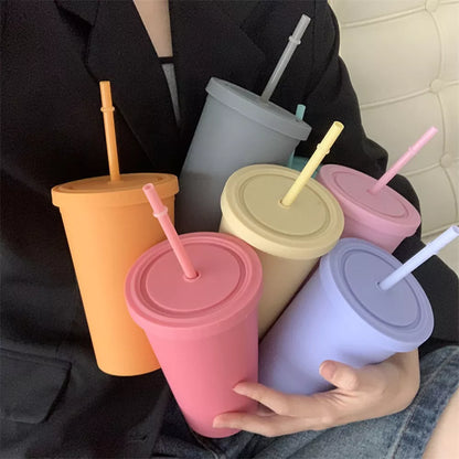 Candy Color Double-layer Plastic Straw Cup Coffee Cup Plastic Frosted Handy Water Cup Easy To Carry Straw Kettle Sports Bottle